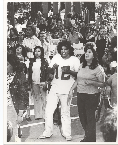 Black and white photo of protestors at police brutality march